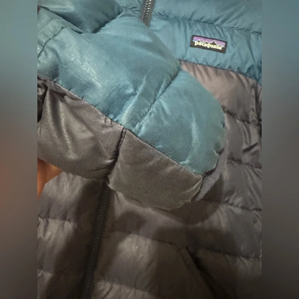 Patagonia Blue and Brown Puffer Jacket with Geometric Design